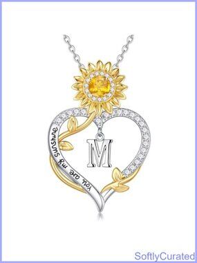 14k White Gold Plated Sunflower Heart Initial Necklace Cubic Zirconia Gift